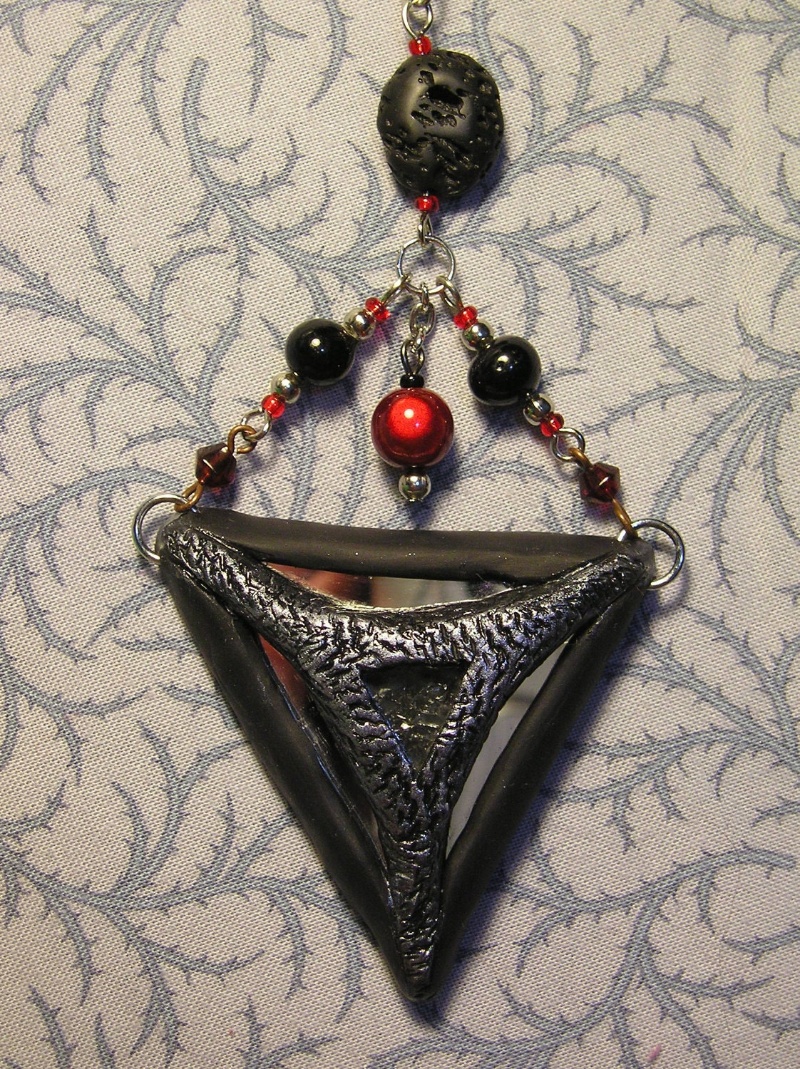 Red and Black, Mixed Media, Triangle Pendant with Mirrors and Glass