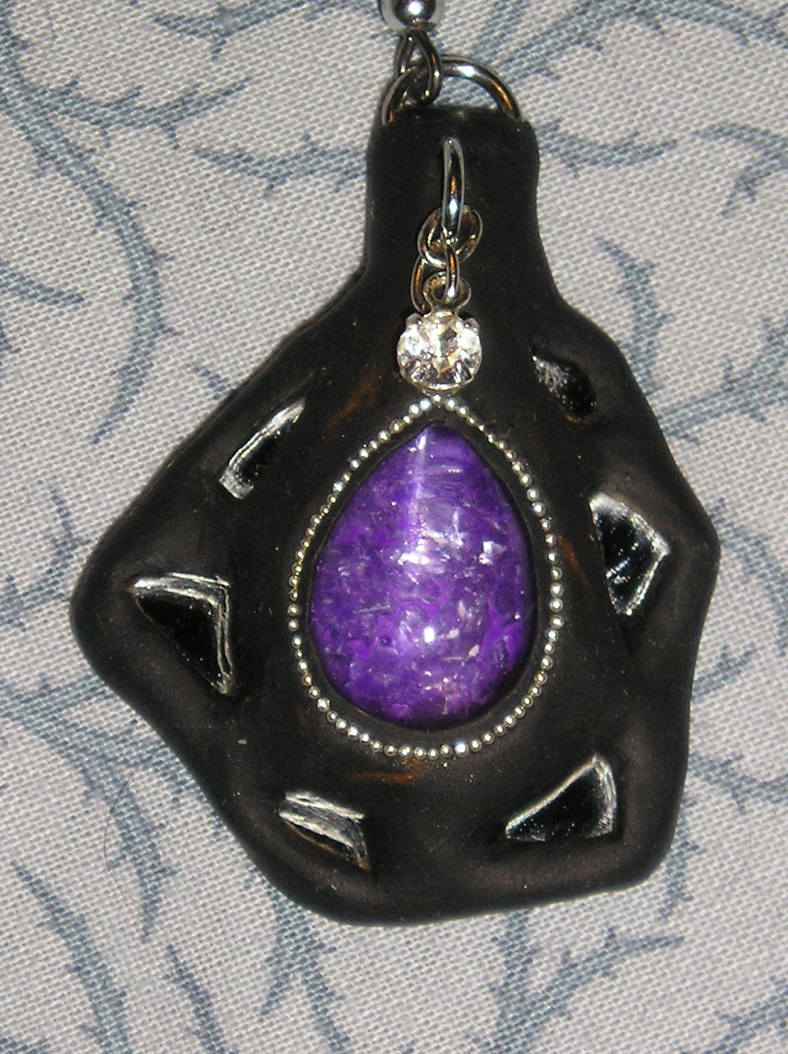 black, silver, and purple Glass Tear Drop with Glass Shards and Mirrors Pendant