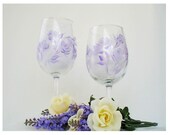 Set of EIGHT Painted CRYSTAL Wine Glasses - Hand Painted Lavender and Metallic Silver Rose Buds - Wedding Anniversary Spring, Sheer, Elegant