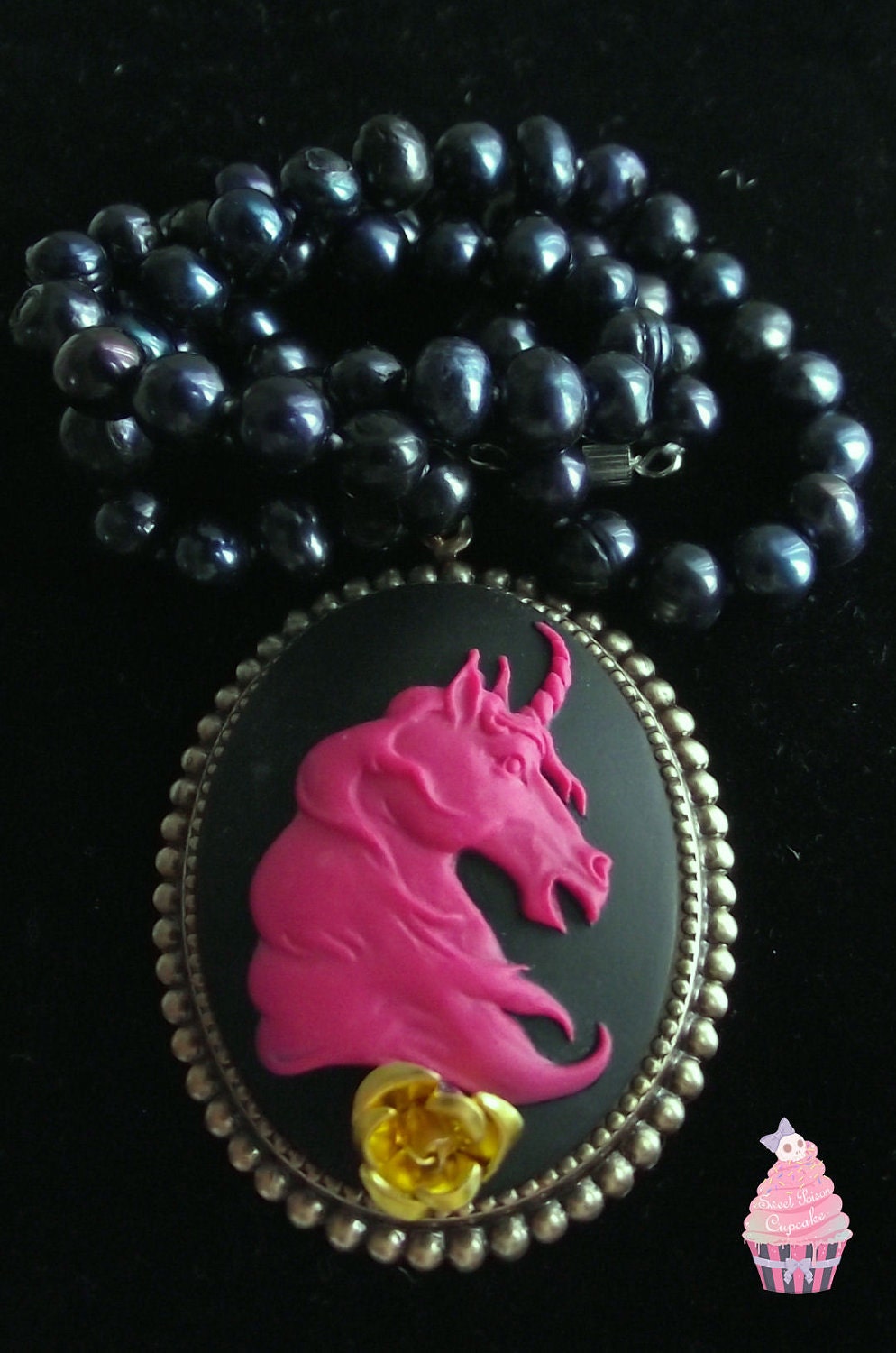 Elegant Unicorn Cameo Necklace with Real Pearls