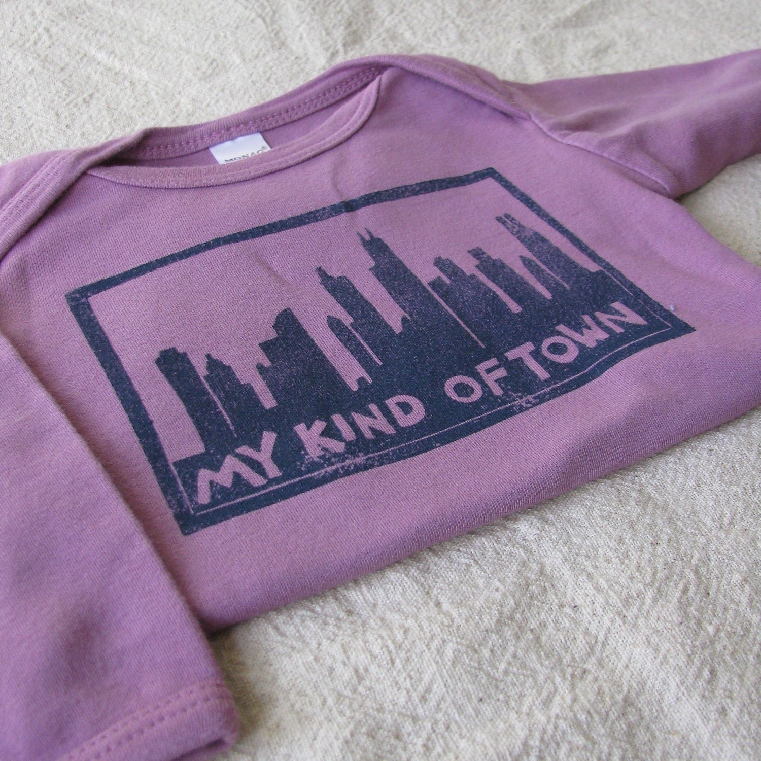 Chicago Skyline Onesie, Hand-Dyed, Hand Block Print, 6-12 Month Size