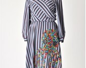 gray striped dress & applique octopus - womens small vintage 80's dress