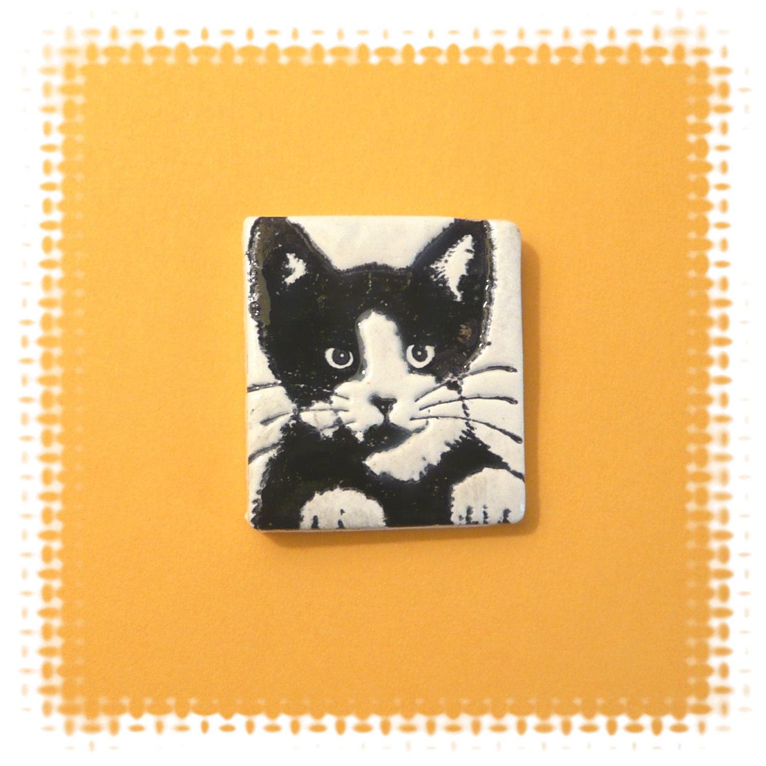 Tuxedo Cat Pin black white - handmade polymer clay jewelry