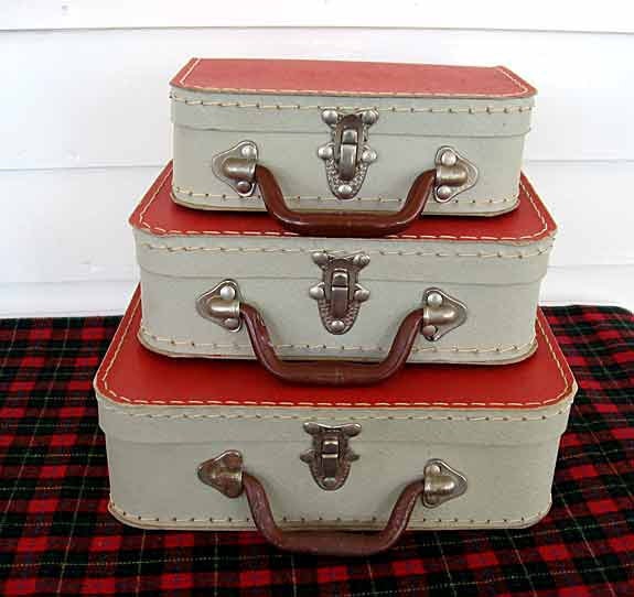 Set of 3 1950's Vintage Graduated Sizes Red and Gray Sample Suitcases, Great Conditiion