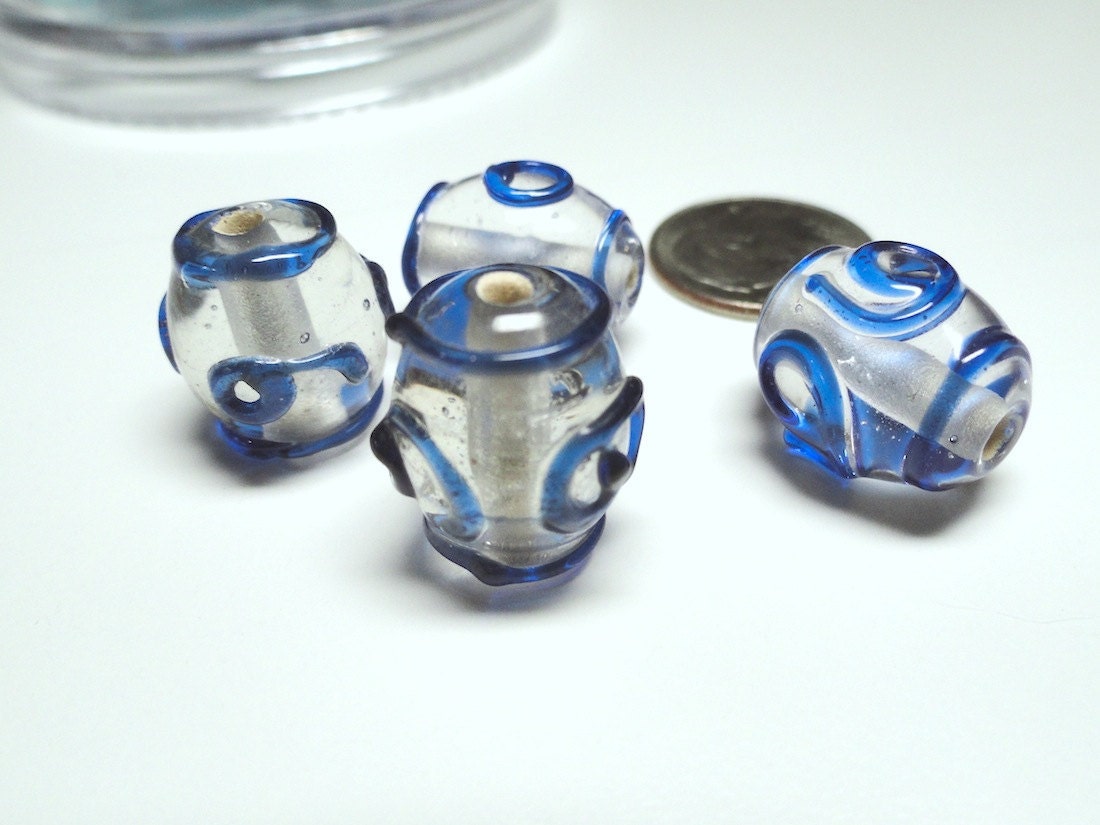 Blue Iced Glass Barrel Beads