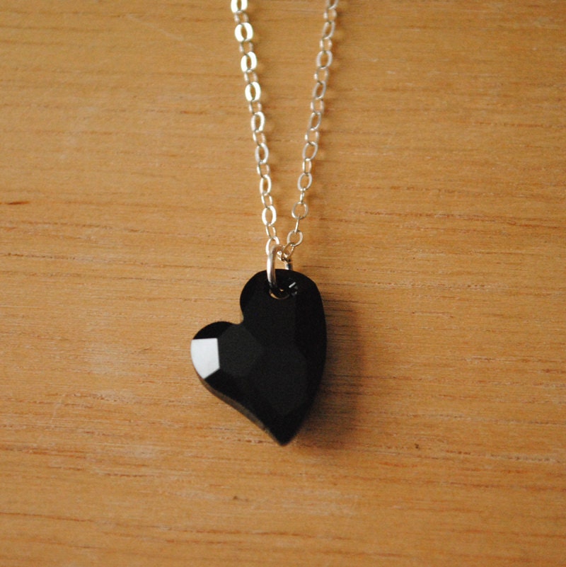 Delicate Heart - Sterling Silver and Swarovski Crystal Necklace in Jet Black