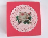 Original art  mixed media collage small canvas pink rose