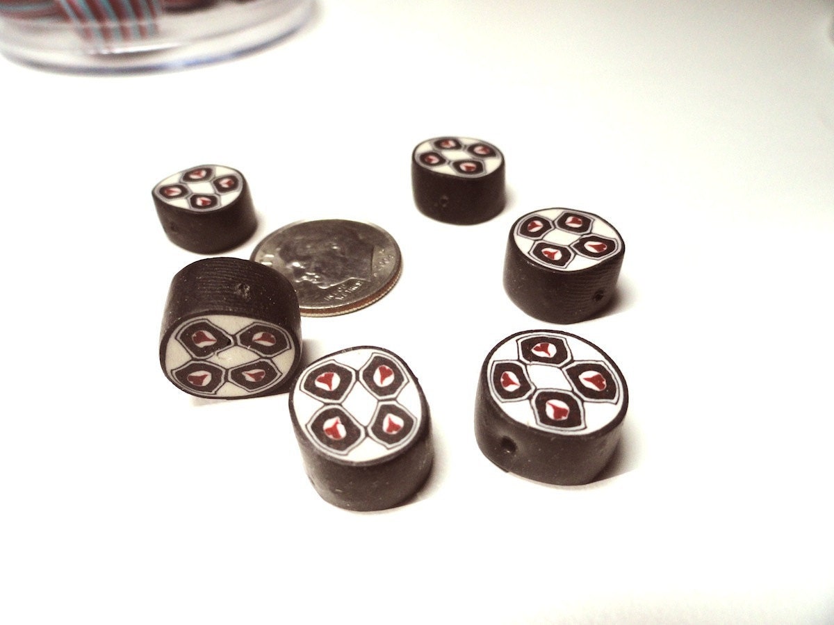 Black & White Beads With Tiny Red Hearts