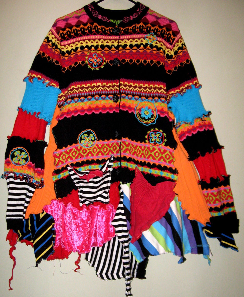 Black and bright cotton Cardigan upcycled sweater