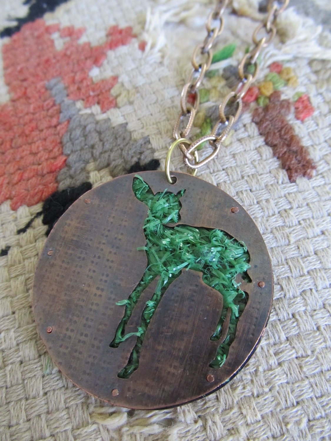 Pierced and Riveted Copper Darling Deer Doe Fawn Pendant with Astroturf