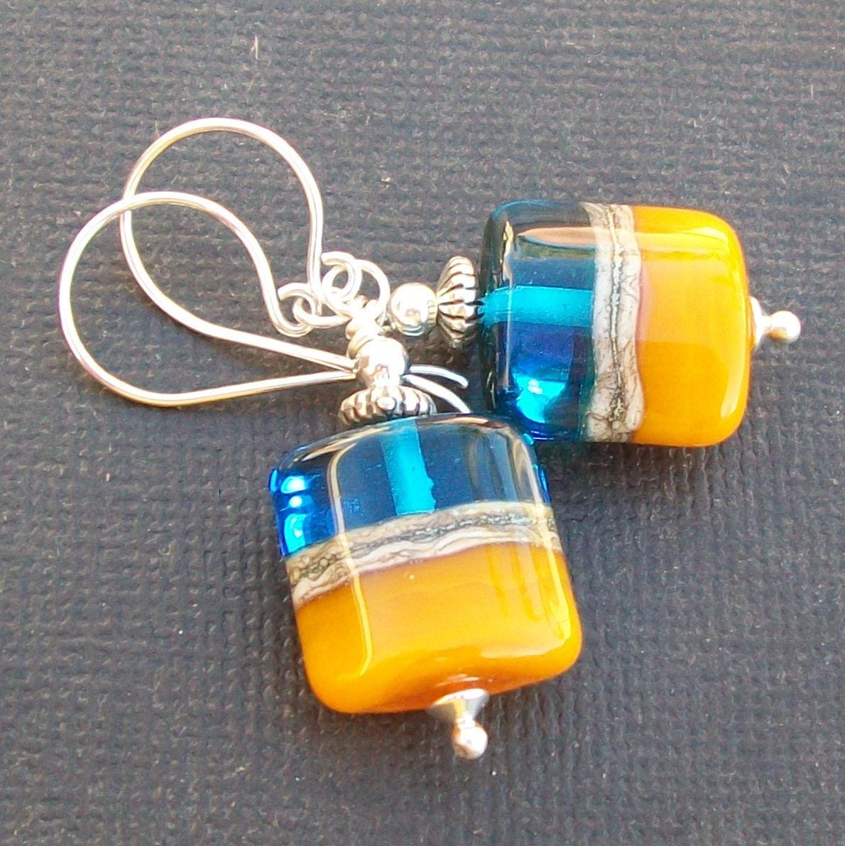 lampwork glass earrings orange and rich blue two tone silvered beads-  sky