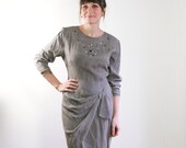 1980s southwestern taupe studded faux wrap dress / 80s beaded dress