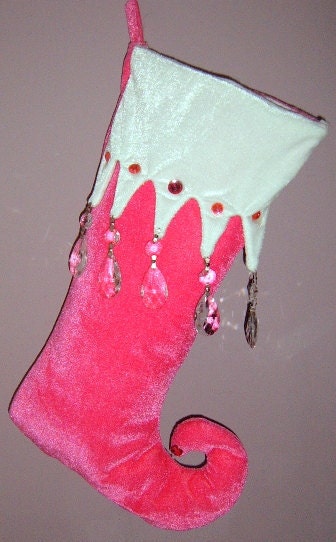 30%  OFF   SALE     Christmas Stocking, Pink, Velvet, Crystals, Christmas Decoration
