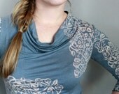 Cowl Tee size Small in new hand printed storm blue tencel wool blend
