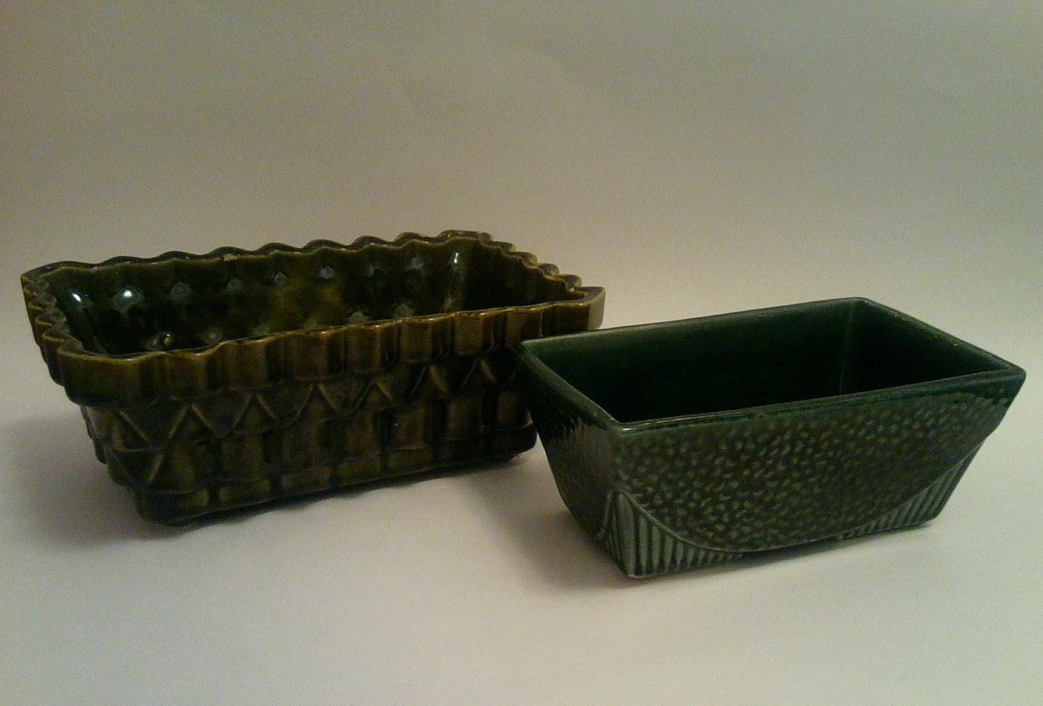 Dark olive green vintage instant collection of two ceramic planters-Upcco and USA