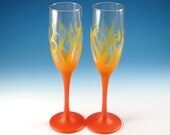 Champagne Flutes - Tribal Flames  - Yellow Orange with Gold Flake - Custom Etched and Painted