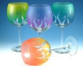 Wine Glasses - Painted and Etched Glass - Tribal Flames design - Set of 4 - Custom Made to Order