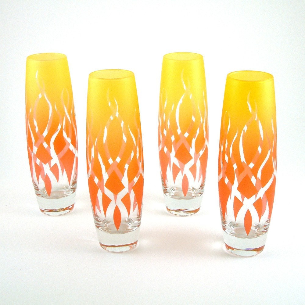 Stemless Champagne Flutes - Strands - Set of 4 - Etched and Painted Glassware