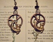 DREAMTIME - Steampunk Victorian Owl Moon - Vintage Watch Part, Brass Clock Hands Earrings