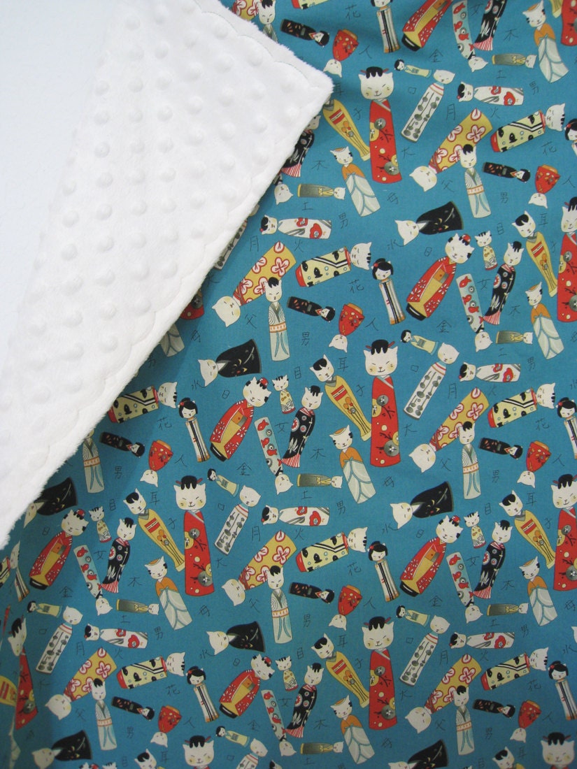 Kokeshi Kitty baby blanket with ivory minkee dot