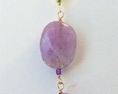 Natural gemstone necklace with dangling pendant made from amethyst, green flourite and crystal, lariat looking,