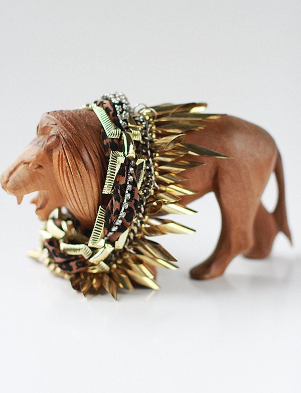 handmade brass spike, rhinestone, gold chain and leopard print ribbon bib necklace