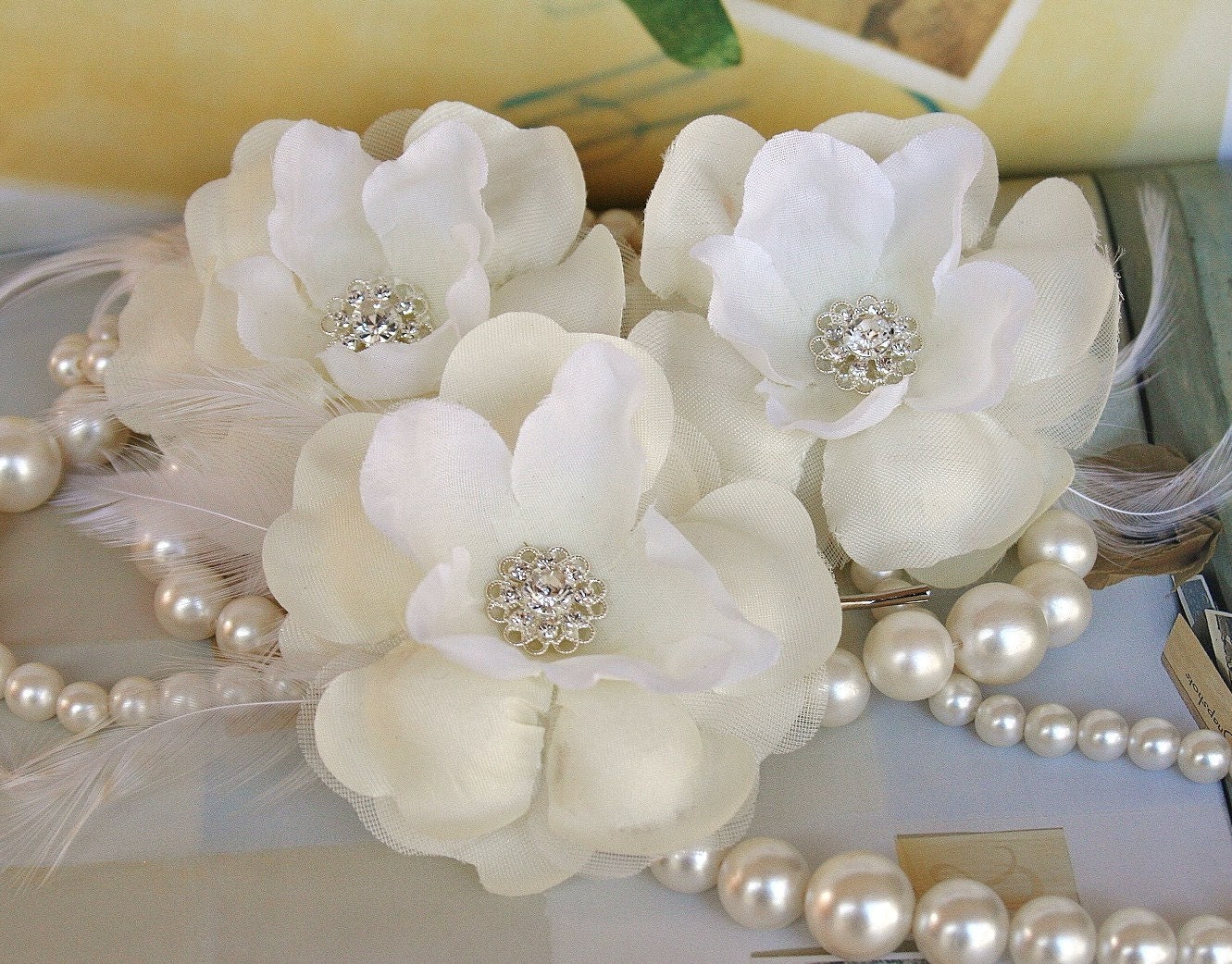 Bridal Hair Flowers, Ivory, Hairpins, Rhinestone, Bridal, Wedding, Headpiece, Hairpiece, Bridal Hair Flowers, Ivory Wedding, Set