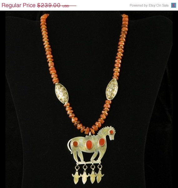 Turkoman Horse Pendant on Agate Necklace