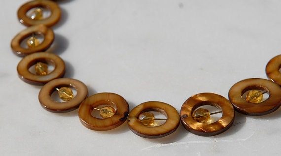 Mod Disc Necklace with Brown Shell and Amber Glass Crystal