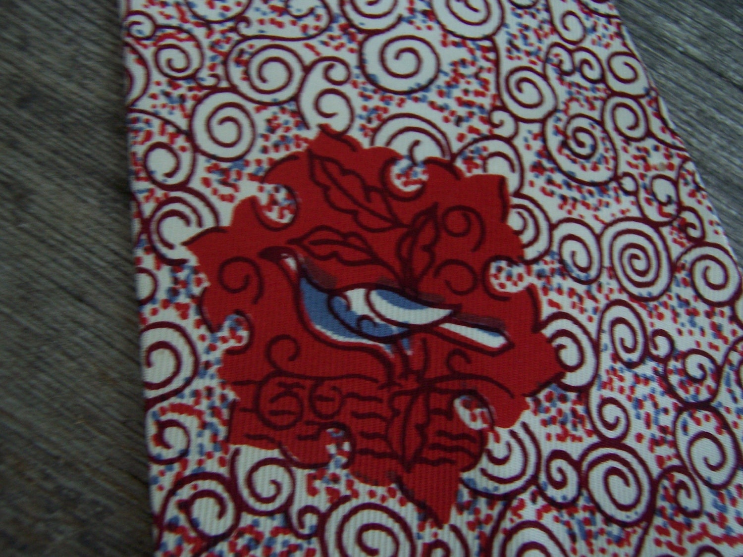 Mid century shocking red and blue printed pheasent tie-Vintage Valentine's gift for a hipster