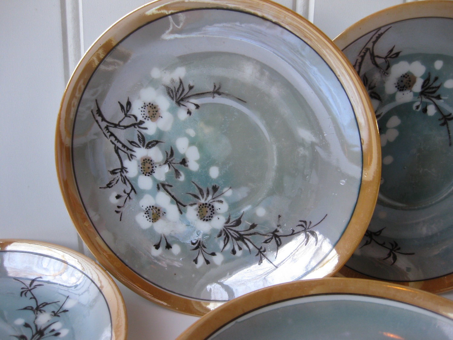 Vintage Handpainted Peach Aqua Cherry Blossom Lustre Saucers Set of Six