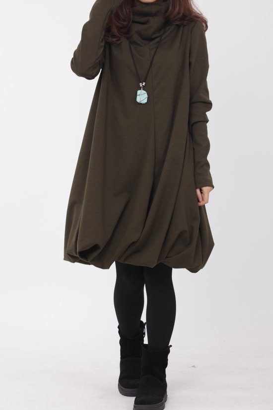 Pile collar cotton dress in army green
