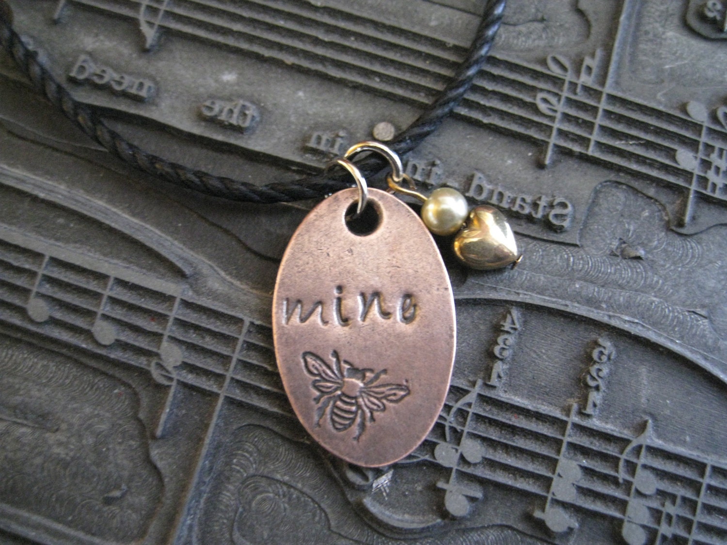 Bee Mine Valentine - Hand Stamped Pendant - Antique Patina
