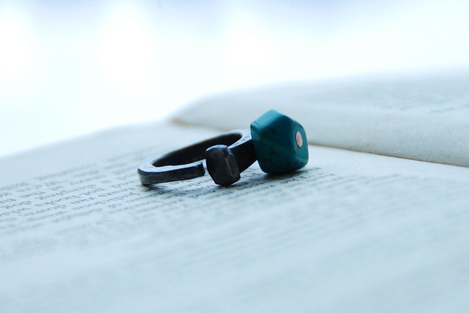 Geometric Ring With Turquoise And Antique Barn Nail Handmade Band Limited Edition