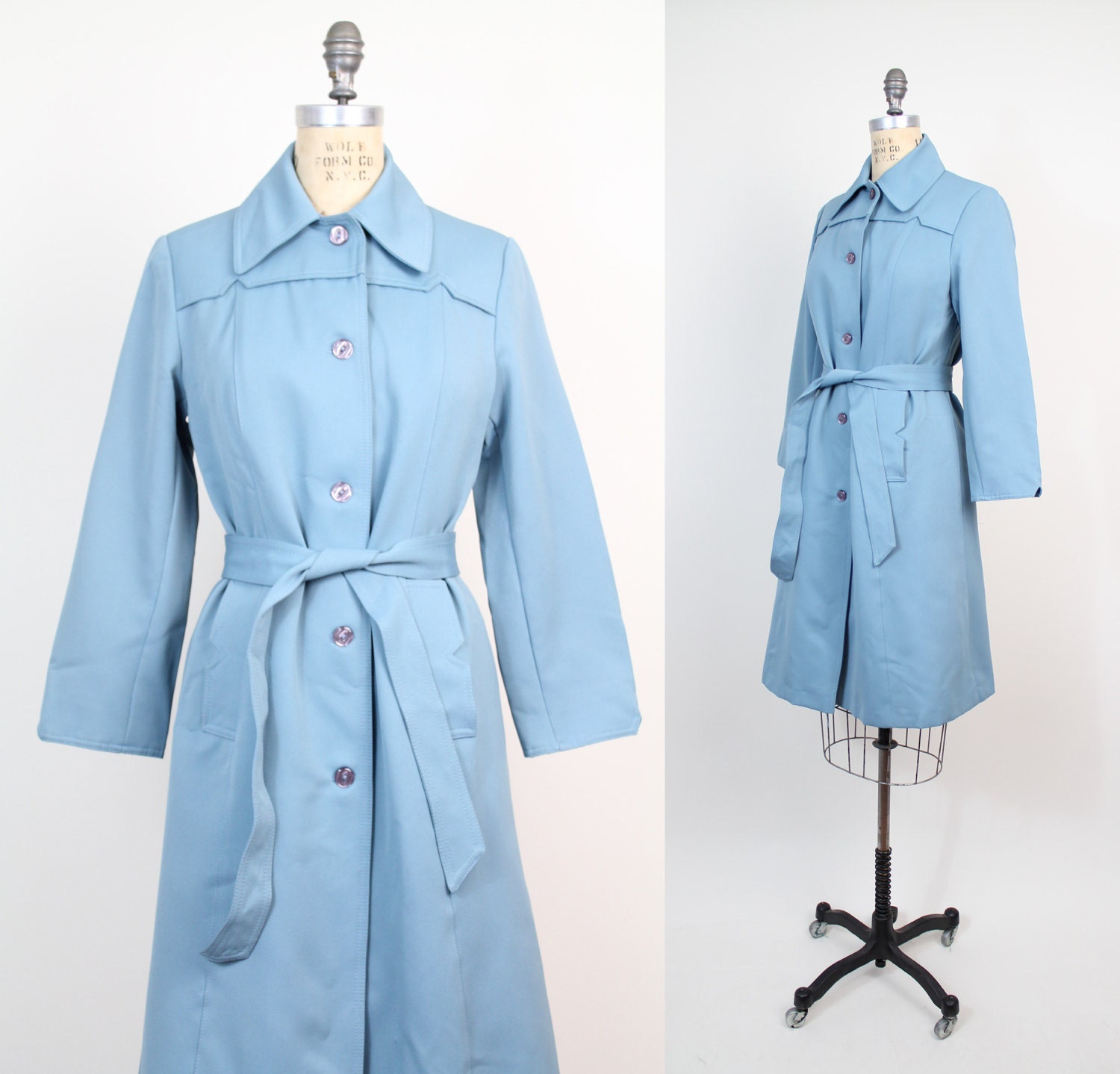 70s vintage trench coat / mod belted raincoat / light blue trenchcoat / s-m
