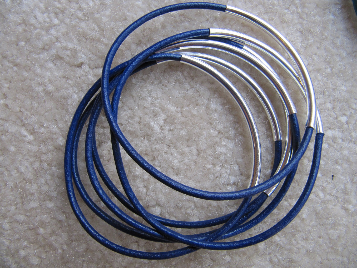 Royal Blue Leather Bangle with Silver - Set of 6