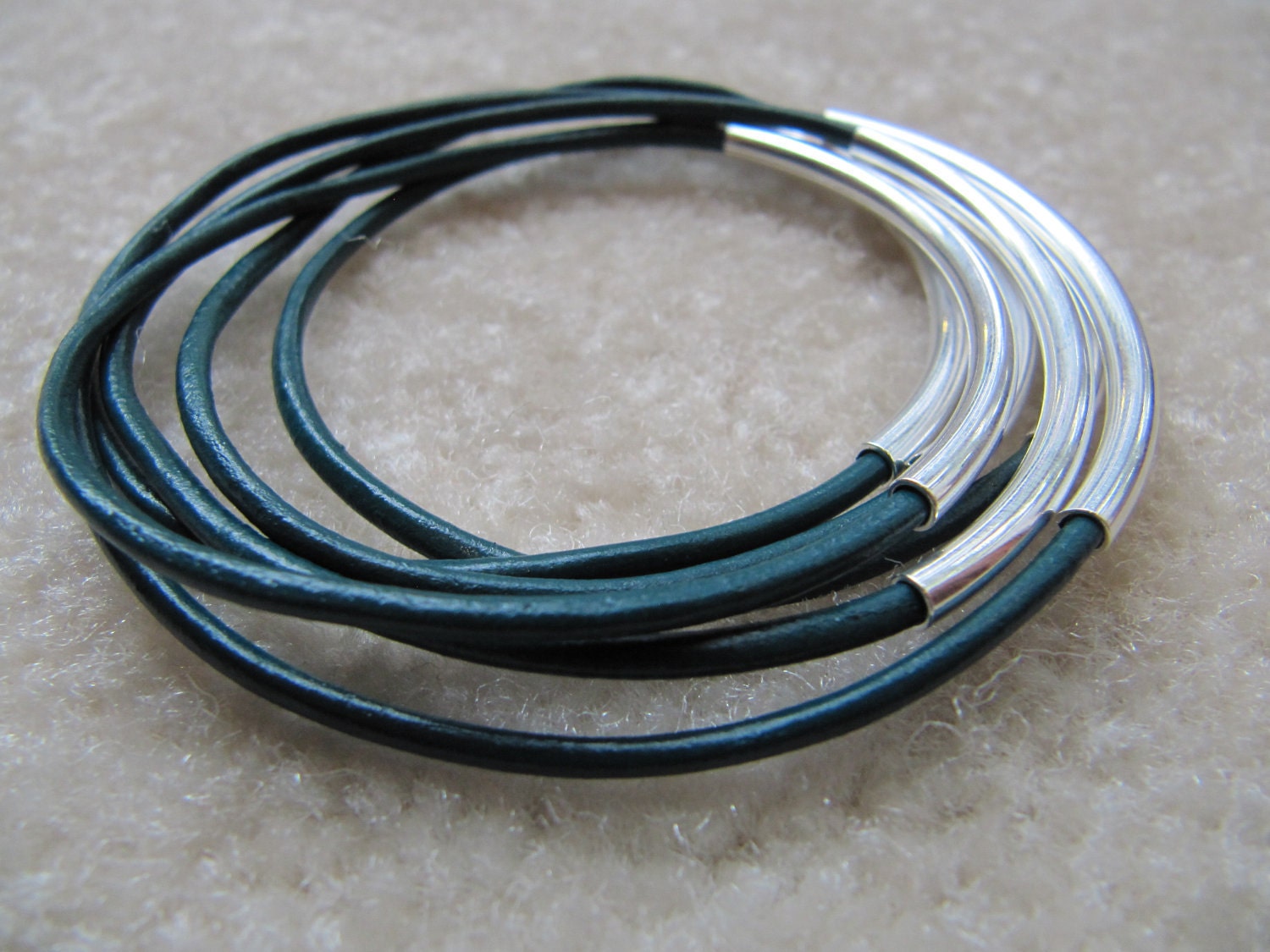 Emerald Green Leather Bangles with Silver - Set of 6