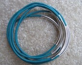 Turquoise Leather Bangle with Silver - Set of 6