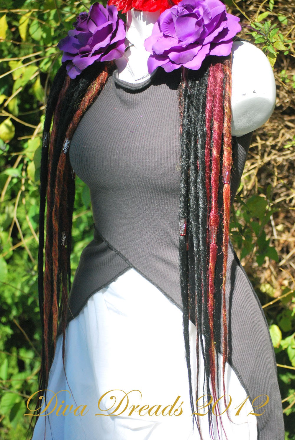 Medium Dark Burgundy, Red and Black Dreadlock Falls