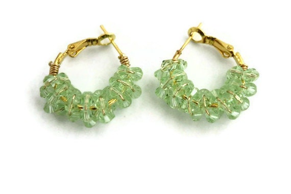 Earrings mint green crystal hoops gold  bridesmaids spring fashion orchids - Ahkriti