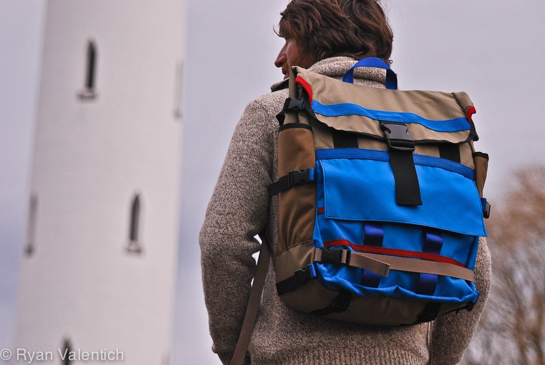 XL backpack equipped with skateboard straps in bright blue and tan. Possibly the coolest thing on earth. Made to order.