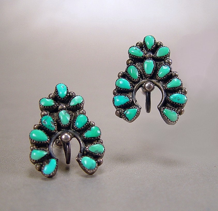 Zuni Turquoise Petit Point Earrings Sterling Silver Native American Vintage 1950s Jewelry