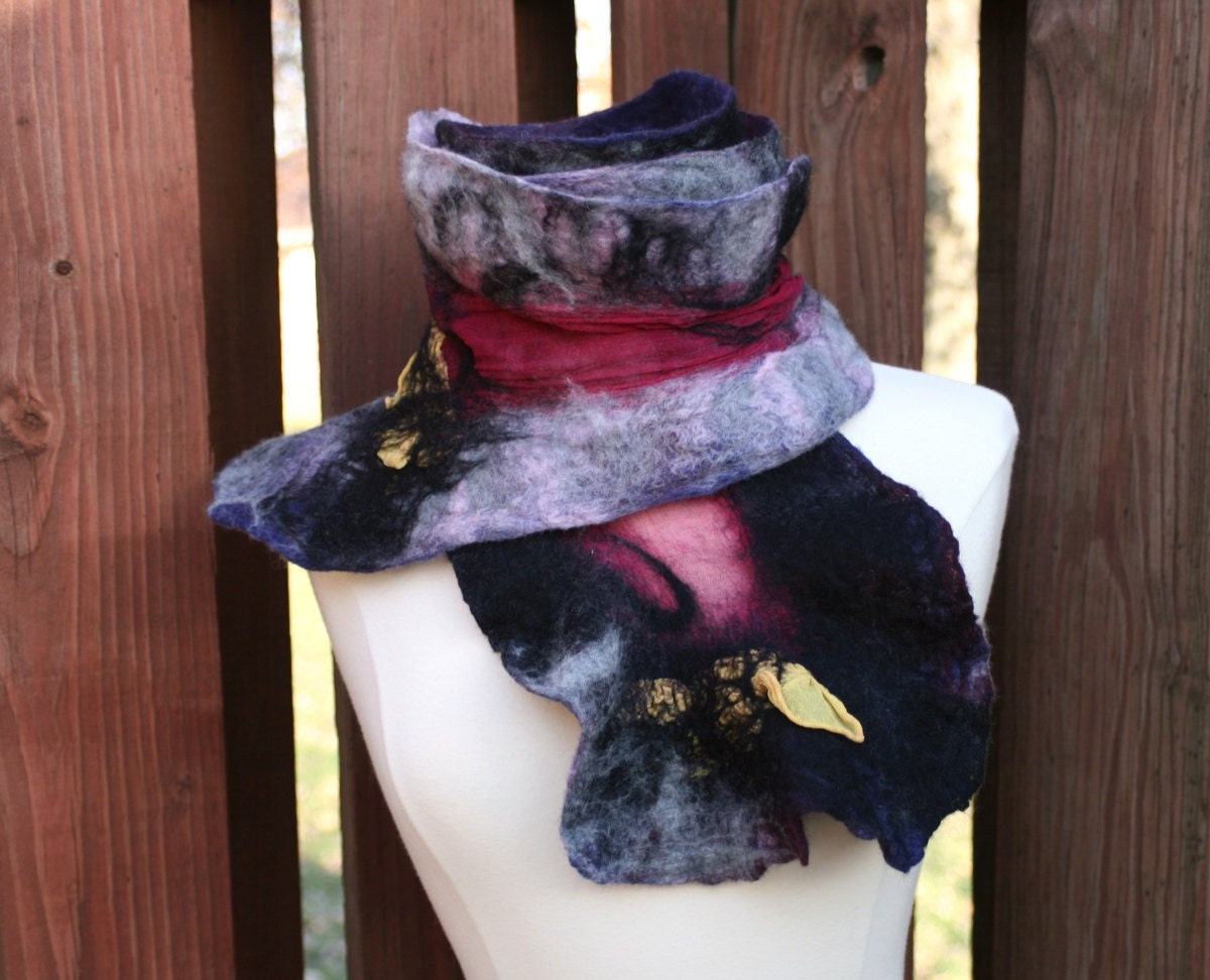 Scarf Made of Silk and Wool - Magenta Purple Burgundy Black Yellow - A One Of A Kind Fashion Accessory - READY TO SHIP