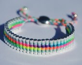 Link Friendship Bracelet. Silver Plated with Woven Neon Macrame and blue trim. (Similar to Links of London Brand)