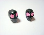 Pink Roses in Small Black Day of The Dead  Sugar Skull Beads-12mm