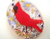 Vintage Bird Pendant, Lucite, Red, Cardinal, Signed, Hand Painted with Glitter, 1960s