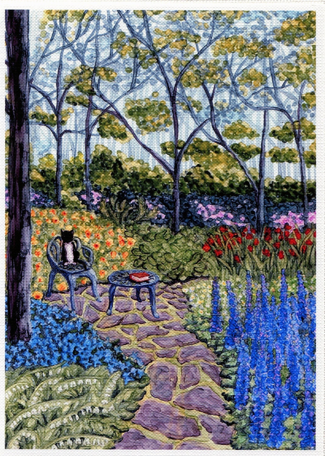 Secret Garden Card, Flowers in Grove of Trees, 5x7 Art Print