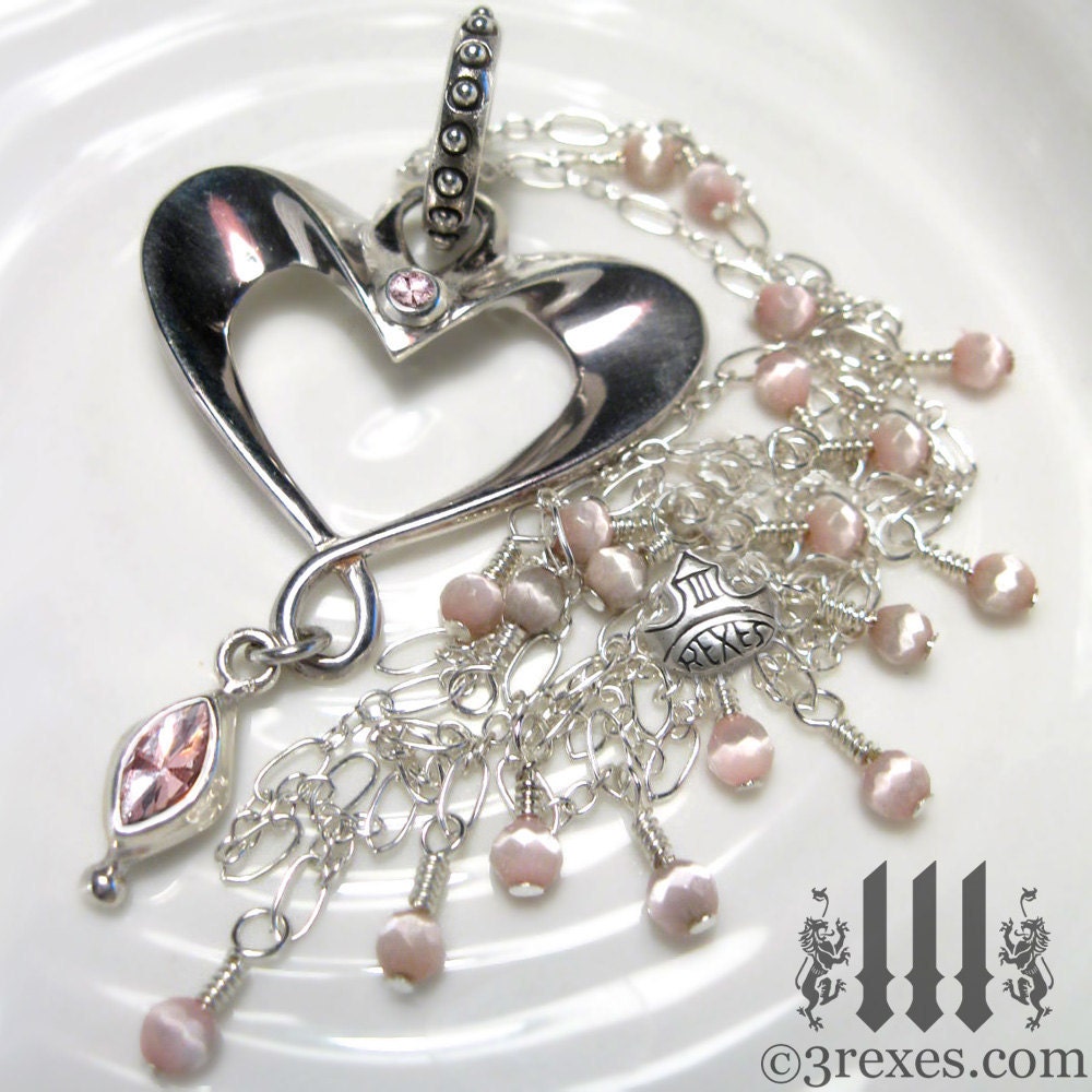 VALENTINES DAY SPECIAL Long Silver Heart Necklace 30" Pink Iridescent Stones Victorian Opalescent Jewelry