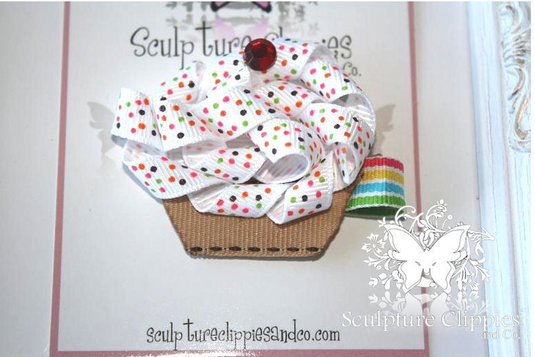 Sculpture Clippie's  White Cupcake Sculpture Ribbon Hair bow.  White Cupcake Rhinestone Ribbon Sculpture Hair Bow Clip. Free Ship Promo.