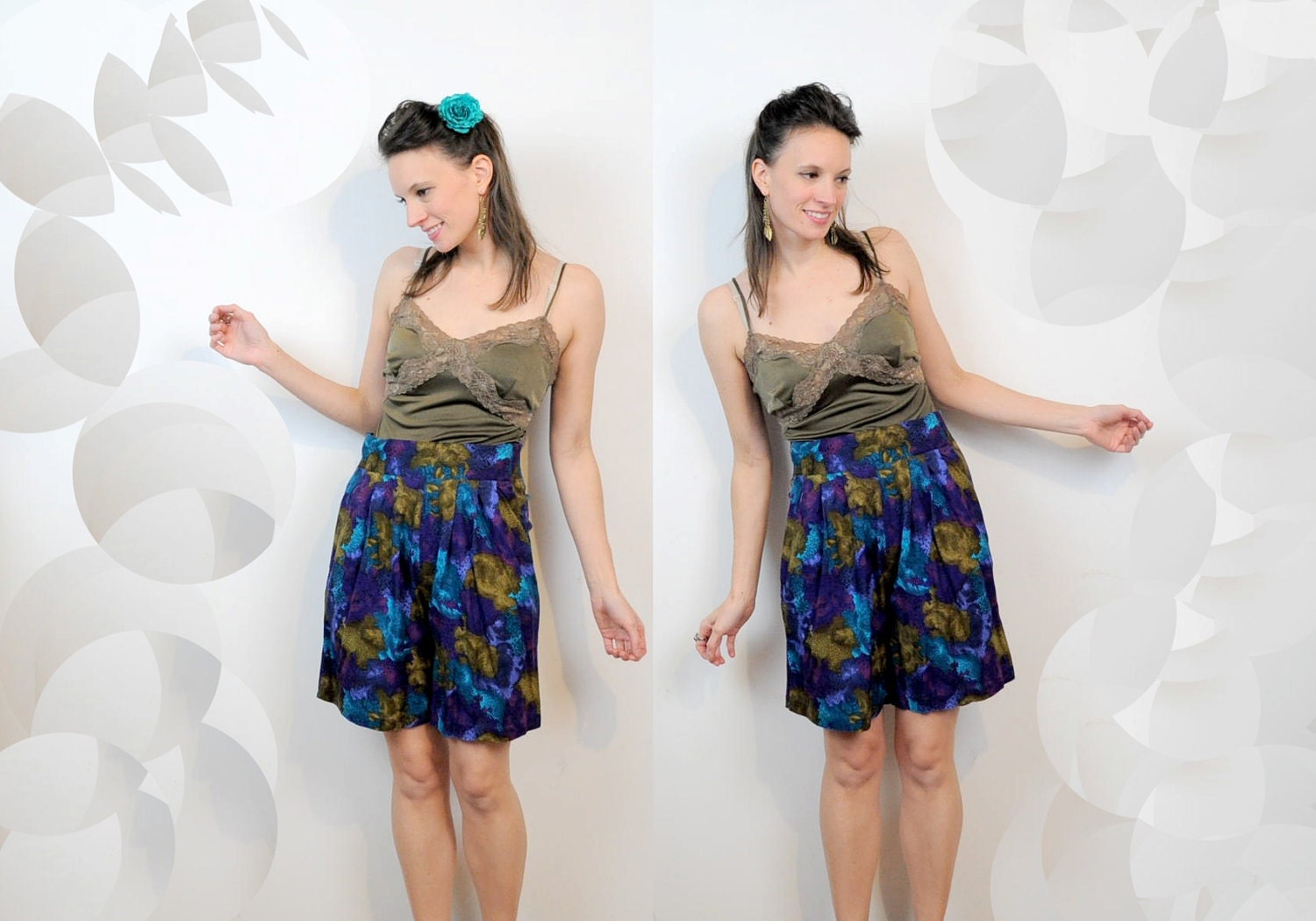 Purple Turquoise and Olive Skort Shorts Skirt 1980s Small
